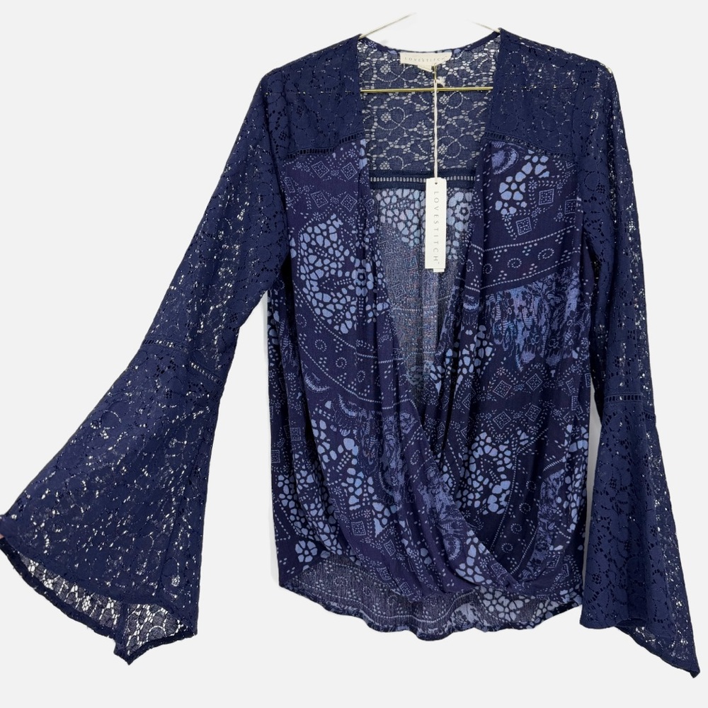 Lovestitch Navy Bell Sleeve Blouse Boho Mosaic Lace Print Top Large NWT